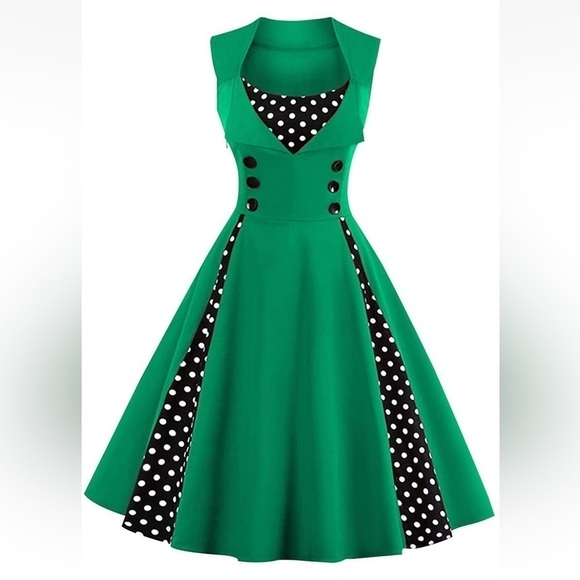 KILLREAL, Retro Cocktail Party Wiggle Swing Fit & Flare Dress,Green Black White - Picture 1 of 13